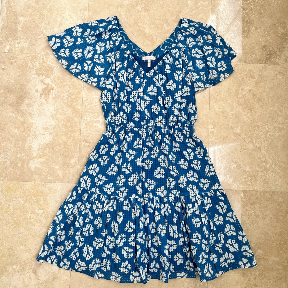 Rebecca Taylor Womens Blue Flutter Sleeve Perla Petal Flounce-Hem Mini Dress S